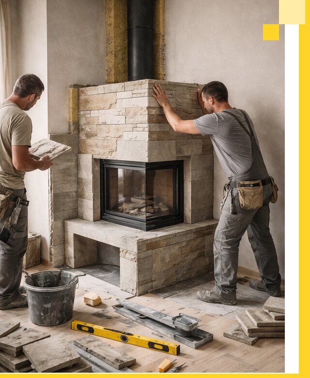 Угловые камины под ключ проект, монтаж и отделка в Кашире