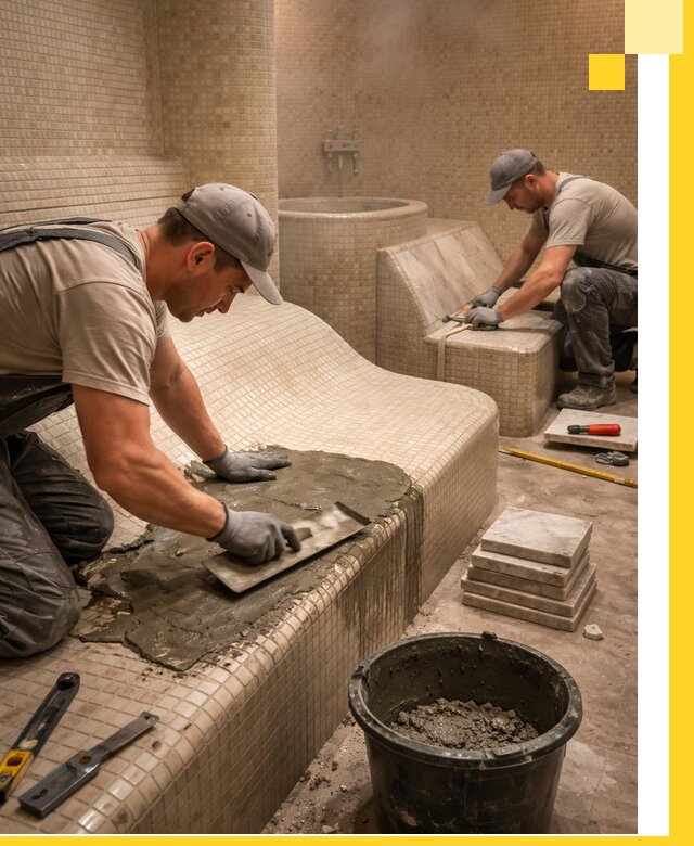 Лежаки для хамама под ключ в Кашире, проект и монтаж